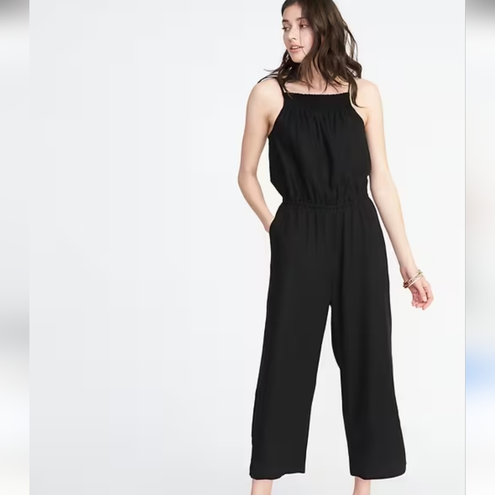 Old Navy Black Linen Blend Cropped Wide Leg Sleeve-less Jumpsuit Size Small